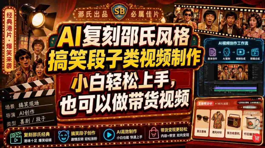 AI复刻邵氏风格搞笑段子类视频制作，小白轻松上手，也可以做带货视频-资源妙妙屋